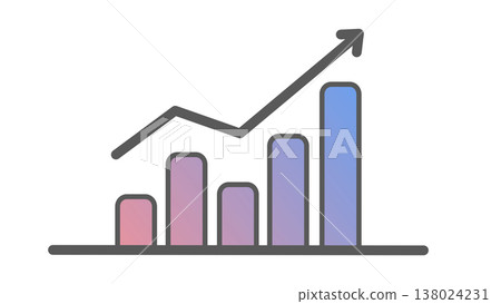 An upward-sloping bar graph with an upward arrow: an image of growth and increased sales (pink-purple gradient). 138024231