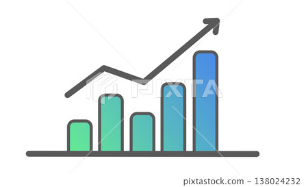 Upward-sloping bar graph with upward arrow: Image of business growth and improved performance (blue gradient) 138024232