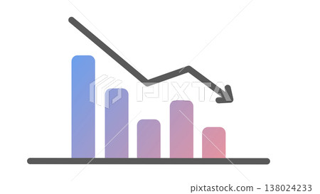 A downward-sloping bar graph with a downward arrow: an image of declining sales and decreased performance (pink-purple gradient). 138024233