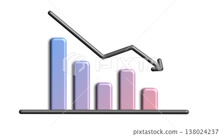 A downward-sloping bar graph with a downward arrow: an image of declining sales and decreased performance (pink-purple gradient). A downward-sloping bar graph with a downward arrow: an image of declining sales and decreased performance (pink-purple gradient). 138024237
