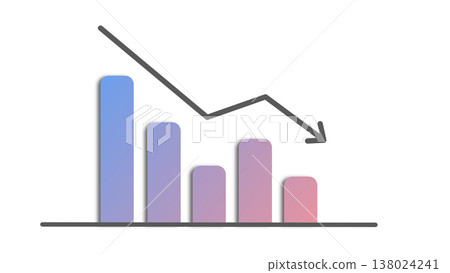 A downward-sloping bar graph with a downward arrow: an image of declining sales and decreased performance (pink-purple gradient). A downward-sloping bar graph with a downward arrow: an image of declining sales and decreased performance (pink-purple gradient). 138024241