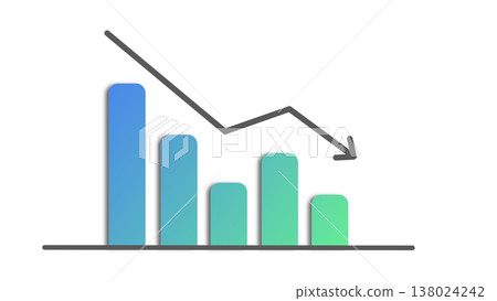 向下傾斜的長條圖,帶有向下的箭頭,表示業務表現惡化和銷售下降(藍色漸變)。 向下傾斜的長條圖,帶有向下的箭頭,表示業務表現惡化和銷售下降(藍色漸變)。 138024242