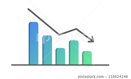 A downward-sloping bar graph with a downward arrow represents deteriorating business performance and declining sales (blue gradient). A downward-sloping bar graph with a downward arrow represents deteriorating business performance and declining sales (blue gradient). 138024246