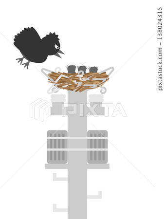 An image illustration of a crow's nest built on a utility pole. An image illustration of a crow's nest built on a utility pole. 138024316