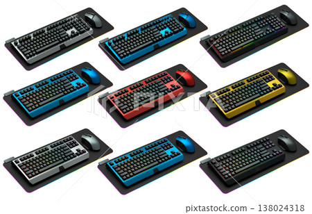 Collection of mechanical keyboards and mouse isolated on white background with clipping path Collection of mechanical keyboards and mouse isolated on white background with clipping path 138024318