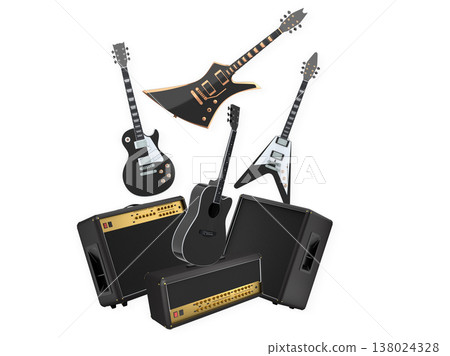 Set of electric acoustic guitars and amplifiers on white background Set of electric acoustic guitars and amplifiers on white background 138024328