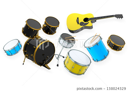 Set of electric acoustic guitars and drums with cymbals on white background Set of electric acoustic guitars and drums with cymbals on white background 138024329