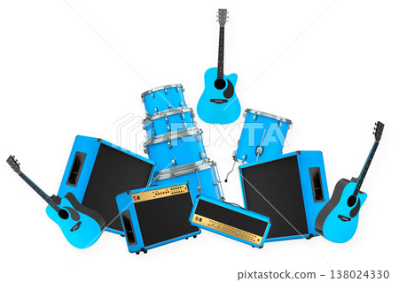 Set of electric acoustic guitars and drums with cymbals on white background Set of electric acoustic guitars and drums with cymbals on white background 138024330