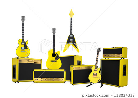 Set of electric acoustic guitars and drums with cymbals on white background 138024332