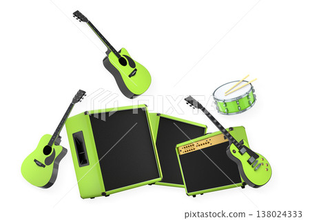 Set of electric acoustic guitars and drums with cymbals on white background Set of electric acoustic guitars and drums with cymbals on white background 138024333