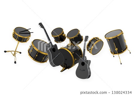 Set of electric acoustic guitars and drums with cymbals on white background Set of electric acoustic guitars and drums with cymbals on white background 138024334