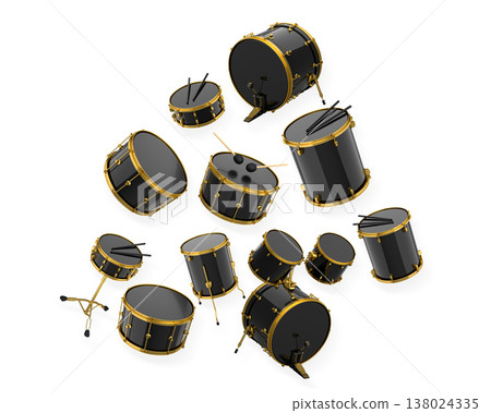Set of drums and drumset with metal cymbals on white background 138024335