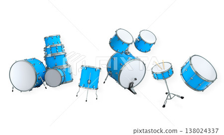 Set of electric acoustic guitars and drums with cymbals on white background Set of electric acoustic guitars and drums with cymbals on white background 138024337