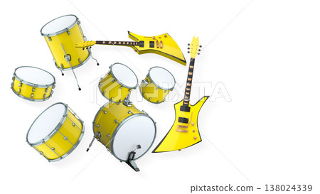 Set of electric acoustic guitars and drums with cymbals on white background 138024339