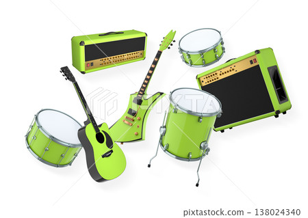 Set of electric acoustic guitars and drums with cymbals on white background Set of electric acoustic guitars and drums with cymbals on white background 138024340