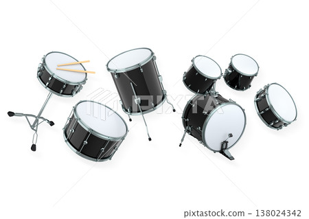 Set of drums and drumset with metal cymbals on white background Set of drums and drumset with metal cymbals on white background 138024342