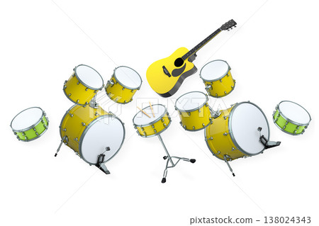 Set of electric acoustic guitars and drums with cymbals on white background Set of electric acoustic guitars and drums with cymbals on white background 138024343