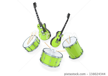 Set of electric acoustic guitars and drums with cymbals on white background 138024344