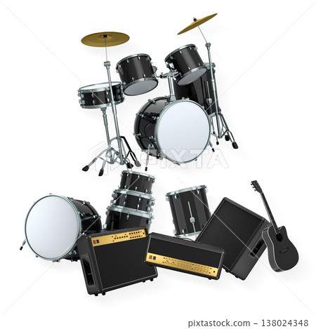 Set of electric acoustic guitars and drums with cymbals on white background 138024348