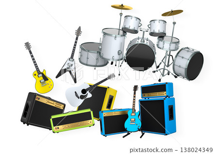 Set of electric acoustic guitars and drums with cymbals on white background Set of electric acoustic guitars and drums with cymbals on white background 138024349