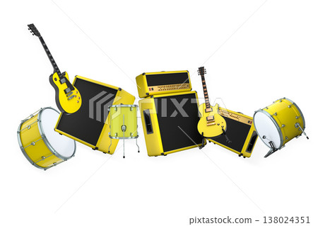 Set of electric acoustic guitars and drums with cymbals on white background Set of electric acoustic guitars and drums with cymbals on white background 138024351