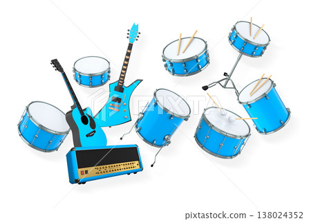 Set of electric acoustic guitars and drums with cymbals on white background Set of electric acoustic guitars and drums with cymbals on white background 138024352