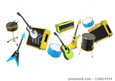 Set of electric acoustic guitars and drums with cymbals on white background Set of electric acoustic guitars and drums with cymbals on white background 138024354