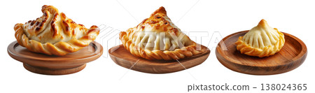 Set of Sambousek small crescent baked dumpling with twisted and pinched crust with cheese or meat, isolated on white background Set of Sambousek small crescent baked dumpling with twisted and pinched crust with cheese or meat, isolated on white background 138024365