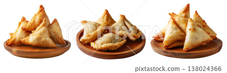 Set of Briouat triangular fruit filled pastries, phyllo pastries filled with meat or almonds on white, Arabic sweet desserts 138024366