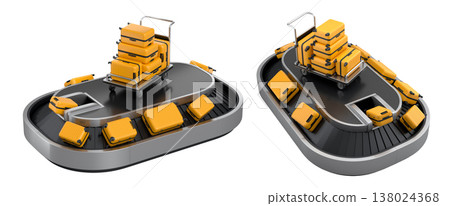 Set of Airport luggage conveyor belt or baggage claim area with suitcases on white. Set of Airport luggage conveyor belt or baggage claim area with suitcases on white. 138024368