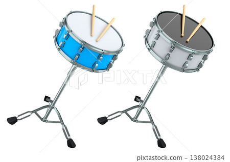 Set of drums and wooden drum sticks on white. 3d render of musical instrument Set of drums and wooden drum sticks on white. 3d render of musical instrument 138024384