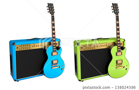Set of amplifier with acoustic guitar isolated on white background. Set of amplifier with acoustic guitar isolated on white background. 138024386