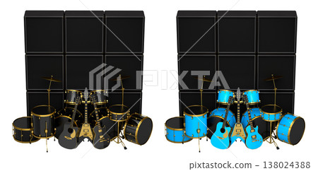 Set of realistic drums with metal cymbals or drumset and amplifier on white Set of realistic drums with metal cymbals or drumset and amplifier on white 138024388
