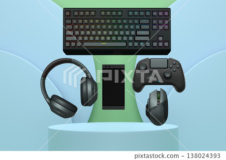 Gaming keyboard, mouse, controllers, phone and headphones floating above podium on abstract pastel background, symbolizing games 138024393