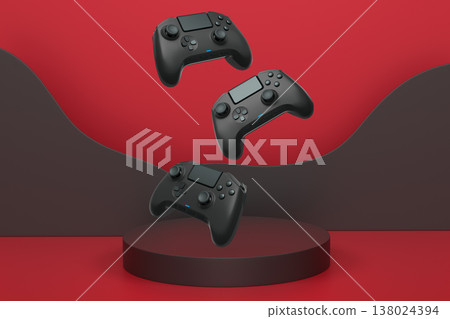 Colorful gaming controllers joystick levitating over podium against abstract background, minimalist concept device on pedestal 138024394