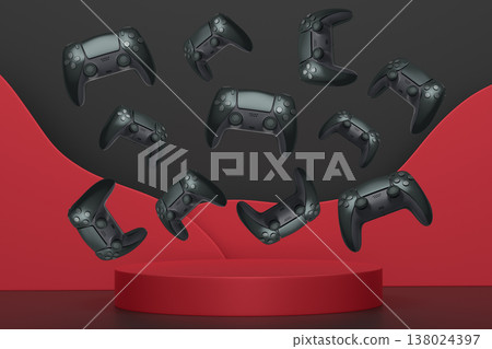 Colorful gaming controllers joystick levitating over podium against abstract background, minimalist concept device on pedestal 138024397