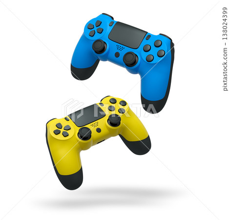 Wireless gaming controllers flying in air isolated on white background, symbolizing gaming technology concept 138024399