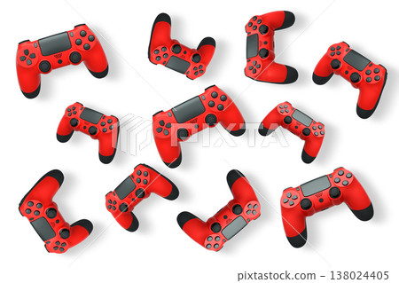 Wireless gaming controllers flying in air isolated on white background, symbolizing gaming technology concept 138024405