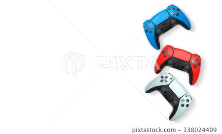 Wireless gaming controllers flying in air isolated on white background, symbolizing gaming technology concept 138024409