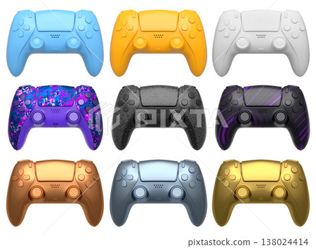 Collection of gaming controllers isolated on white background with clipping path Collection of gaming controllers isolated on white background with clipping path 138024414