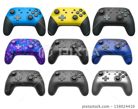 Collection of gaming controllers isolated on white background with clipping path 138024416