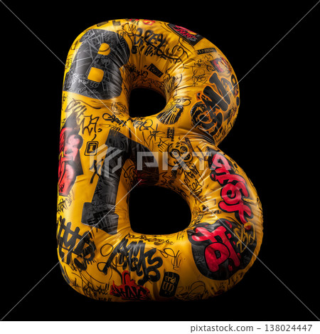 3D inflated B letter filled with bold graffiti tag in street art style on black backdrop with clipping path, urban creativity vibe 3D inflated B letter filled with bold graffiti tag in street art style on black backdrop with clipping path, urban creativity vibe 138024447