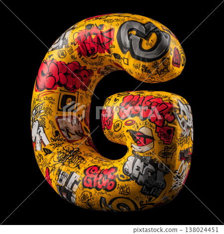 3D inflated G letter filled with bold graffiti tag in street art style on black backdrop with clipping path, urban creativity vibe 3D inflated G letter filled with bold graffiti tag in street art style on black backdrop with clipping path, urban creativity vibe 138024451