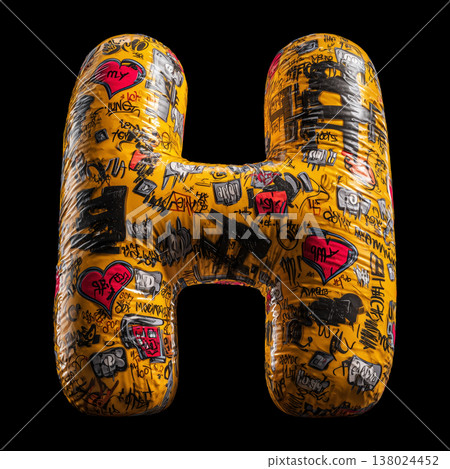 3D inflated H letter filled with bold graffiti tag in street art style on black backdrop with clipping path, urban creativity vibe 138024452