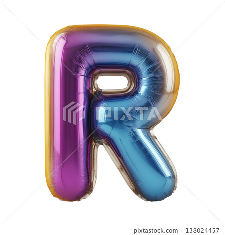 Multicolor metallic inflated balloon letter R shown in glossy style isolated on white background, celebration and festive concept Multicolor metallic inflated balloon letter R shown in glossy style isolated on white background, celebration and festive concept 138024457