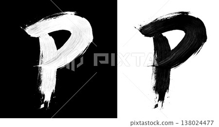 Brushstroke letter P in bold grunge style on split isolated black and white background, symbolizing contrast and creativity Brushstroke letter P in bold grunge style on split isolated black and white background, symbolizing contrast and creativity 138024477