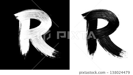 Brushstroke letter R in bold grunge style on split isolated black and white background, symbolizing contrast and creativity Brushstroke letter R in bold grunge style on split isolated black and white background, symbolizing contrast and creativity 138024479