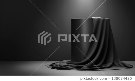 Black pedestal wrapped in flowing cloth, studio lighting, on a dark background, concept of luxury and elegance Black pedestal wrapped in flowing cloth, studio lighting, on a dark background, concept of luxury and elegance 138024480