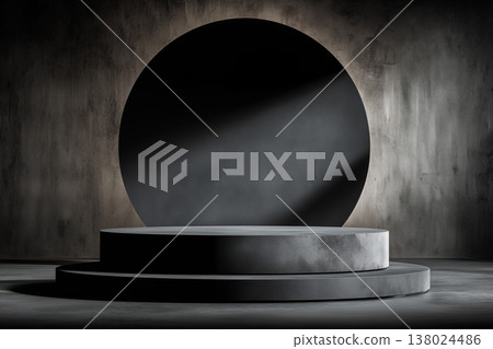 Black round podium with circular panel in minimal style, smooth matte floor on dark background, concept of luxury product display 138024486
