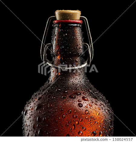 Cold beer bottle with water drops, isolated on black background with clipping path, concept of refreshment Cold beer bottle with water drops, isolated on black background with clipping path, concept of refreshment 138024557